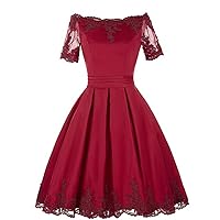 Women's Short Sleeves Ball Gowns Appliques Prom Party A-Line Satin Cocktail Dresses
