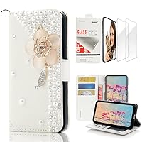 STENES Bling Wallet Phone Case Compatible with iPhone 15 Plus - Stylish - 3D Handmade Flowers Design Leather Girls Women Cover with Screen Protector [2 Pack] - Pink