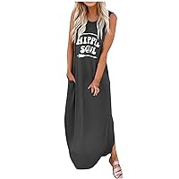 Women's Bohemian Dress Casual Loose-Fitting Summer Swing Sleeveless Long Print Flowy Beach Round Neck Trendy Glamorous Black