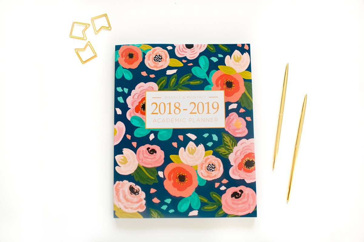2018-2019 Academic Planner Weekly And Monthly: Calendar Schedule Organizer and Journal Notebook With Inspirational Quotes And Navy Floral Lettering Cover (August 2018 through July 2019)