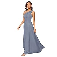 One Shoulder Chiffon Bridesmaids Dresses Long with Slit A-Line Evening Formal Maxi Gowns Ruched Sexy DR0086