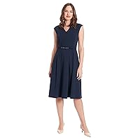 London Times V-Neck Knee Length Fit and Flare Belt | Business Casual Dress for Women