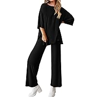 BTFBM Women 2 Piece Outfits Casual Loose Slit Short Sleeve Top Wide Leg Pants Matching Lounge Sets Tracksuit With Pocket