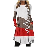 Long Sleeve Dresses for Women Fashion Casual Printed Round Neck Pullover Loose Dress