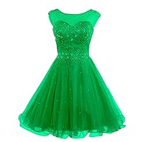 VeraQueen Women's A Line Beaded Homecoming Dress Short Tulle Sleeveless Cocktail Gown Green