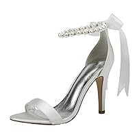 Womens Pearl Ankle Strap Heels Sandals Knot Silver Satin Wedding High Heeled Bride Dress Party Evening Shoes 10.5CM Job Shoes