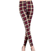 Women's Plaid Pants Silk Print Stretchy Pencil Pants High Waisted Skinny Leggings Casual Stretch Tight Leggings
