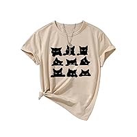 Floerns Girl's Casual Cat Print Pattern Tee Shirts Round Neck Short Sleeve Top