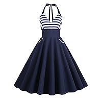 Women 50s 60s Vintage Sleeveless Polka Dot Cocktail Swing Dress Retro Audrey Hepburn Patchwork Midi Evening Rockabilly Dress