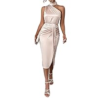 Solid Asymmetrical Neck Ruched Split Thigh Satin Dress