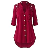 Rosegal Womens Plus Size V Neck Lace Panel Front Pocket Roll Up Long Sleeve Button Down Shirt