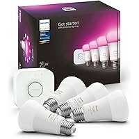 Philips Hue Smart Light Starter Kit - Includes (1) Bridge and (4) 75W A19 E26 LED Smart White and Color Ambiance Bulbs - Control with App - Compatible with Alexa, Google Assistant, and Apple HomeKit