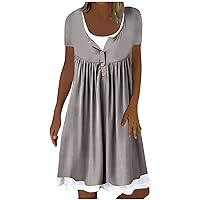 Dress for Women Casual Summer U Neck Button Down Short Sleeve Flowy Pleated Mini Dress Loose Fit Fake Two Piece Dress