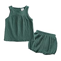 Baby 1z Baby Newborn Infant Girls Cotton Linen Summer Solid Sleeveless Vest Shirt Jogging Pants (Green, 3-6 Months)