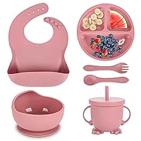 Silicone Baby Feeding Set|Baby Led Weaning Supplies Set|Suction Baby Plate Bowl Set with Bib Spoon Fork Sippy Cup|Baby Feeding Eating Supplies Set BPA Free