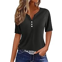 V Neck Shirt for Women 2024 Plus Size Short Sleeve Printed Casual Tops Summer Button Hide Belly Workout Tshirts