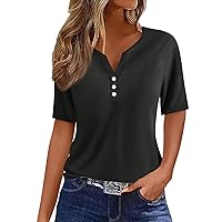 Spring Extra Long Short Sleeve Tee Womens Home Elegant Soft V Neck Blouses for Women Printed Button Down Black M