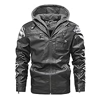 Leather Jackets,Men's Faux Leather Motorcycle Jackets Waterproof Vintage Bomber Jacket Coat With Removable Hood