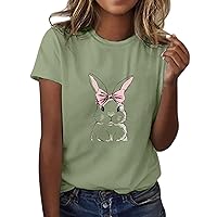 Womens Tops and Bottoms Women‘s Casual Easter Cute Bunny Print Crew Neck Short Sleeves Loose Tshirt Blouse Top
