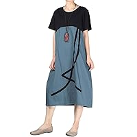 Minibee Women's Linen Casual Dress Summer Short Sleeve Midi A-line Boho Tunic Dresses with Pockets