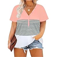 RITERA Womens Color Blcok Summer Short Sleeve Tee Shirts Casual Plus Size Flowy Summer Tshirt Tops Pink 3XL