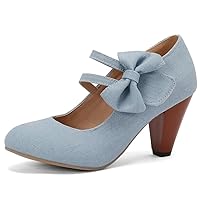 Womens Vintage Dress Shoes Bow Mary Jane Chunky Heels Denim Heels Closed Toe