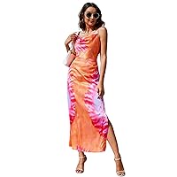 Aigeman Women's Sexy Spaghetti Straps Backless Maxi Dress Drape Cowl Neck Side Slit Cocktail Party Satin Dresses 72077