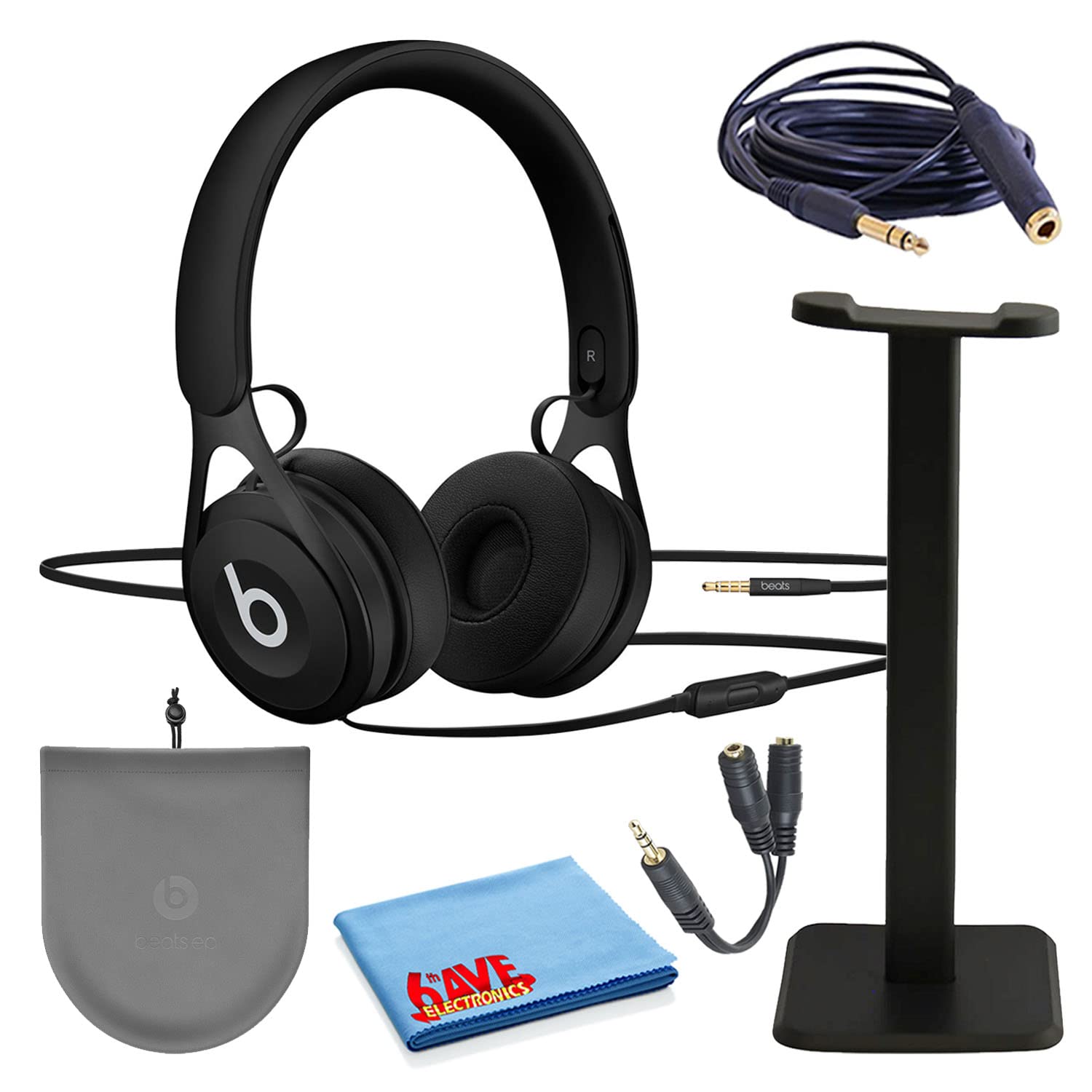 Beats EP On-Ear Wired Headphones - Black (ML992LL/A) Bundle with Headphone Stand + Extension Cable + Headphone Splitter + More