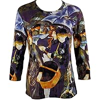 Renoir Umbrella, 3/4 Sleeve Hand Silk Screened Illustrated Art Ladies Fashion Top