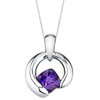 PEORA Sterling Silver Orbit Solitaire Pendant Necklace for Women in Various Gemstones, Cushion Cut 6mm, with 18 inch Italian Chain
