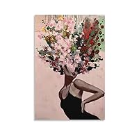 Hand Drawn Surreal Poster with Flowers on Woman Head Canvas Wall Art Prints for Wall Decor Room Decor Bedroom Decor Gifts 16x24inch(40x60cm) Unframe-Style