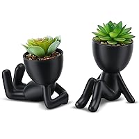 Fake Succulent, Mini Succulents Plants Artificial in Black Modern Human Shaped Ceramic Pots Desk Decor Desk Plant for Office Decor for Women, Cute Fake Plants Bathroom Decor 2PCS