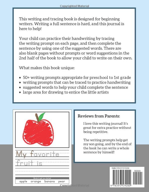 Writing Prompts for Kids. Letter Tracing + Draw and Write Pages: writing journal for young writers. 100+ pages of handwriting practice for preschool, ... 1st grade. (Writing Journal for Kids)
