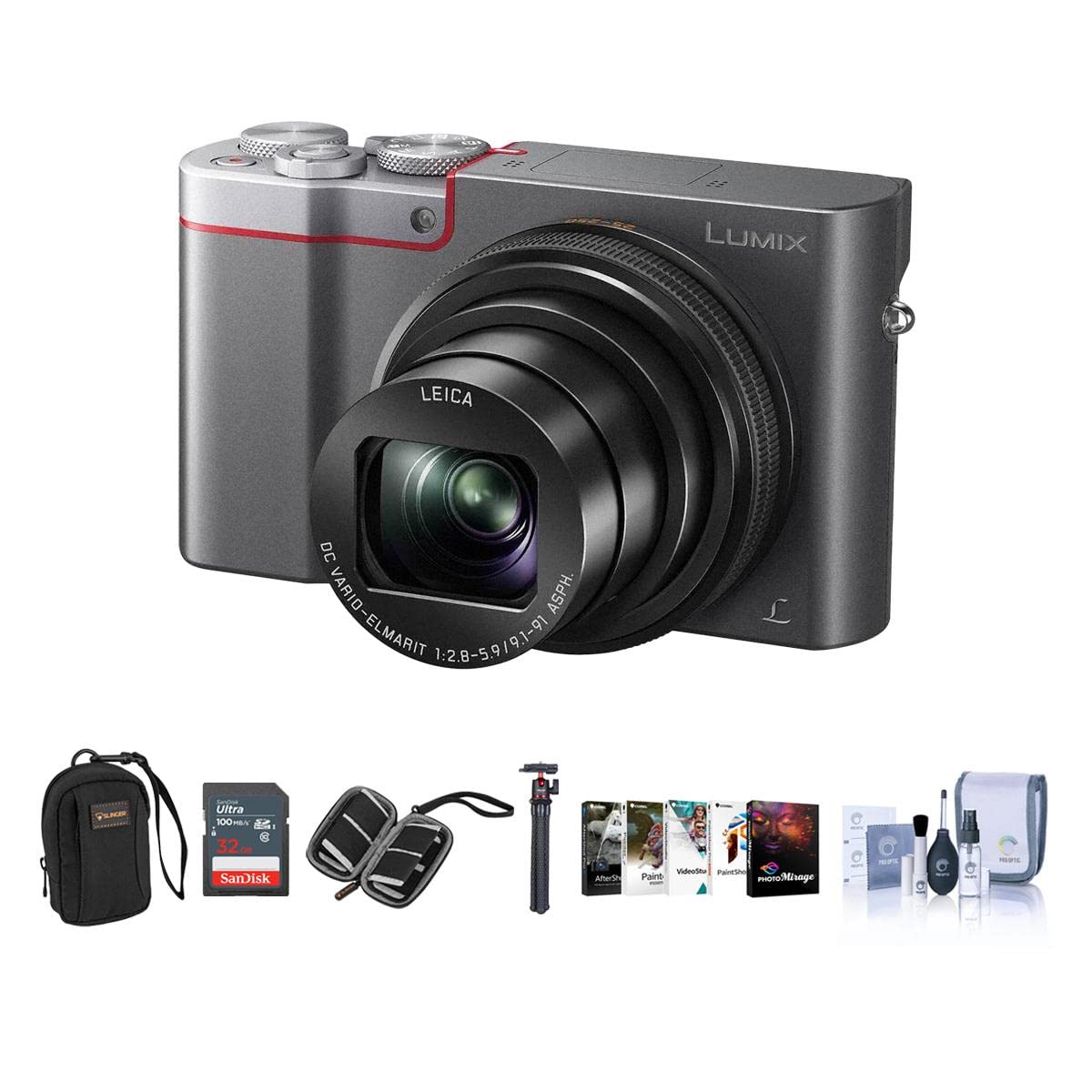 Panasonic LUMIX ZS100 4K Digital Camera, 20.1 Megapixel 1-Inch Sensor, 10X Zoom Leica Lens DMC-ZS100S (Silver), Bag, Tripod, 16GB SD Card + Case, Corel PC Software Kit, Cleaning Kit