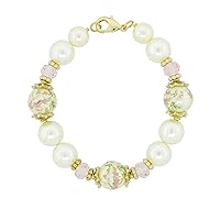 1928 Jewelry Women's Gold Tone Flower Decal Faux Pearl Pink Crystal Bracelet