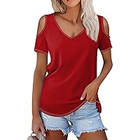 Cold Shoulder Tops for Women 2024 Summer Fashion Trendy Casual Sexy Loose with Short Sleeve V Neck Shirts