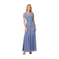 Adrianna Papell Women's Short-Sleeve Floral Beaded Godet Gown, French Blue