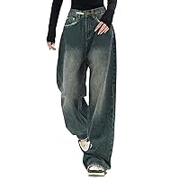 Women Baggy Jeans Trousers with High Waist E Girl Style Streetwear Vintage Denim Loose Straight Leisure Trousers