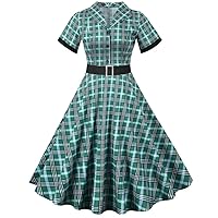 Women Short Sleeve Lapel Vintage Cocktail Swing Dress 50s 60s Button up Rockabilly Prom Midi Evening A-Line Dress