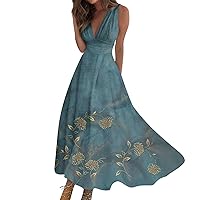 Holiday Dresses for Women, Summer Sleeveless Wrap Vintage Floral Print Midi Dresses 2024 Casual Beach Vacation Dress Women Winter Mini Dresses Soring Formal Dress Work Cocktail (L, Royal Blue)