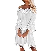 XJYIOEWT Gala Dresses,Boho Sundress for Women Casual Summer Lace Off Shoulder Dress V Neck Short Sleeve High Slit Formal