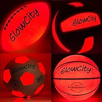GlowCity Glow Balls for Kids - Pack of 4 with Official Sized Glow in Volleyball, LED Basketball, Size 5 Light Up Soccer Ball and LED Football - Spare Batteries Included