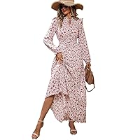 Dresses for Women 2024 Vacation Style Small Floral Print Waist-Cinching Maxi Dress Fashion Midi Long Dress