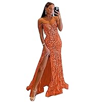 Lace Sequin Prom Dress for Women Long Tulle Mermaid Off The Shoulder Formal Evening Dresses with Slit