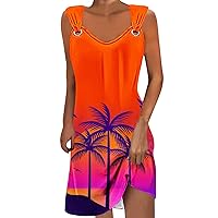 Summer Dresses for Women Swing Boho Palm Tree Print Sundresses O Ring Shoulder Sleeveless Beach Cover Up Tank Dress