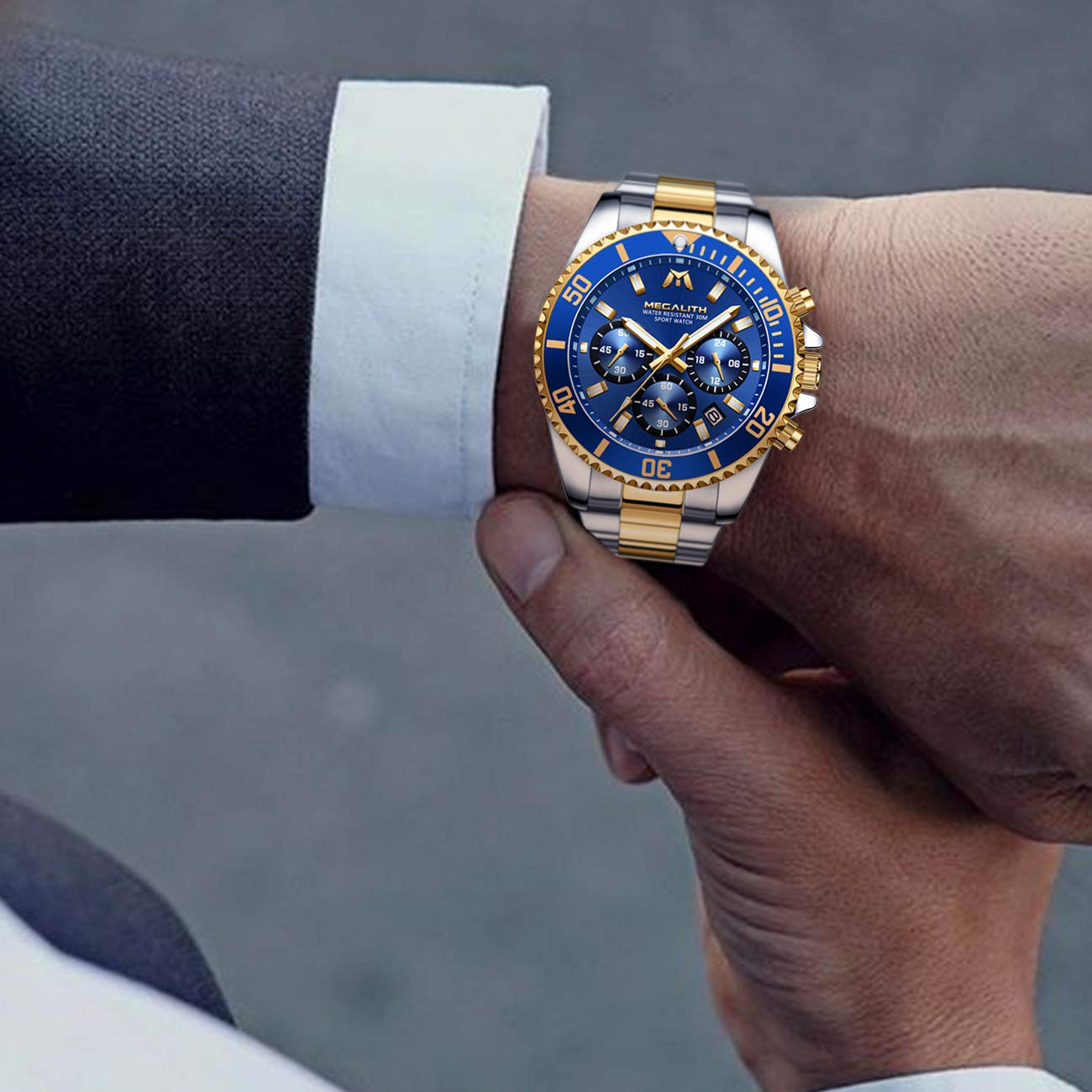 Megalith Herrenuhr 43mm Chronograph Edelstahl Designer Armbanduhr Herren Wasserdicht Uhren Leuchtende Analog Datum Business Uhr Elegant Geschenk für Männer