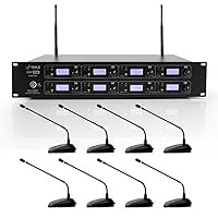 Pyle 8 Channel Conference Microphone System - UHF Desktop, Table Meeting Wireless Microphones & Receiver w/ 8 Gooseneck Mics, Rack Mountable & LED Audio Signal Indicator Lights PDWM8880,Black
