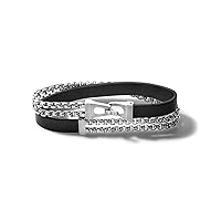 Jewelry Men's Classic Double Wrap Leather and Box Chain Bracelet