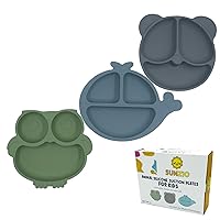 Divided Silicone Baby and Toddler Plates, 3 Pack Suction Plates for Baby Food with 3 Compartments, BPA Free, Reusable, Shatterproof, Dishwasher and Microwave Safe Plate Set, (Whale, Owl, Panda)