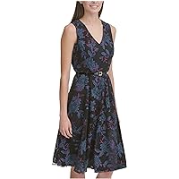 Tommy Hilfiger Women's Fit and Flare Midi Dress, Sky Captain Multi, 6